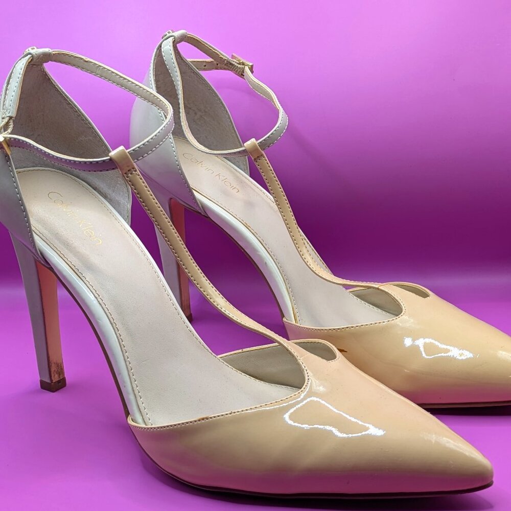 Calvin Klein Two Tone T-Strap Patent Leather Pumps - Taupe/Tan